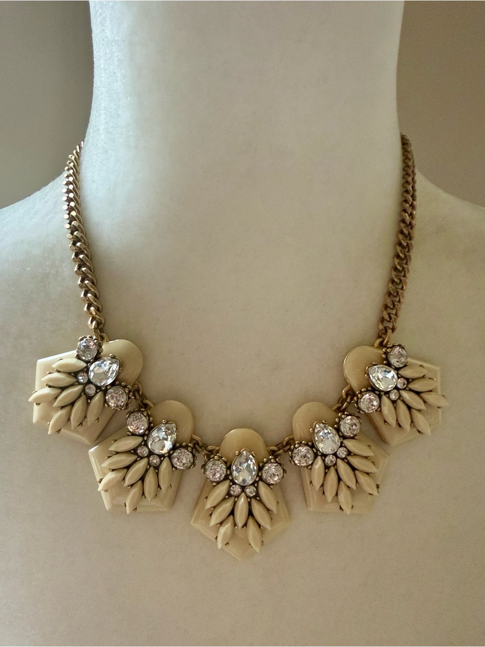 Vintage J.Crew White Crystal Bib Necklace - Gold Tone Chain